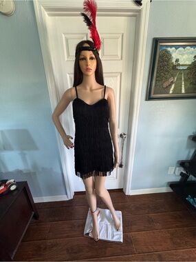 Black Fringe Sleeveless Flapper Dress and Sequin Feather Headband